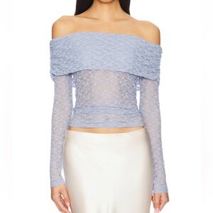 Astr Lace Off-Shoulder Blouse in Soft Blue